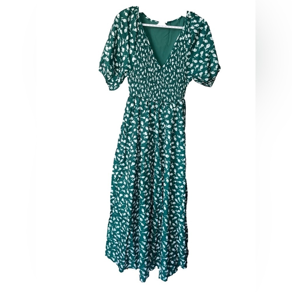Emerald Green Floral Ruched Bodice Maxi Dress Women’s XS